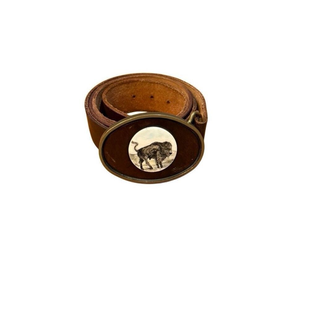 BTS Brass Belt Buckle Leather Stone Inlay & Bison U.S.A. Made